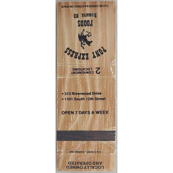VTG Matchbook Cover Pony Express Foods Bismarck ND North Dakota Brown Woodgrain - Picture 2 of 4